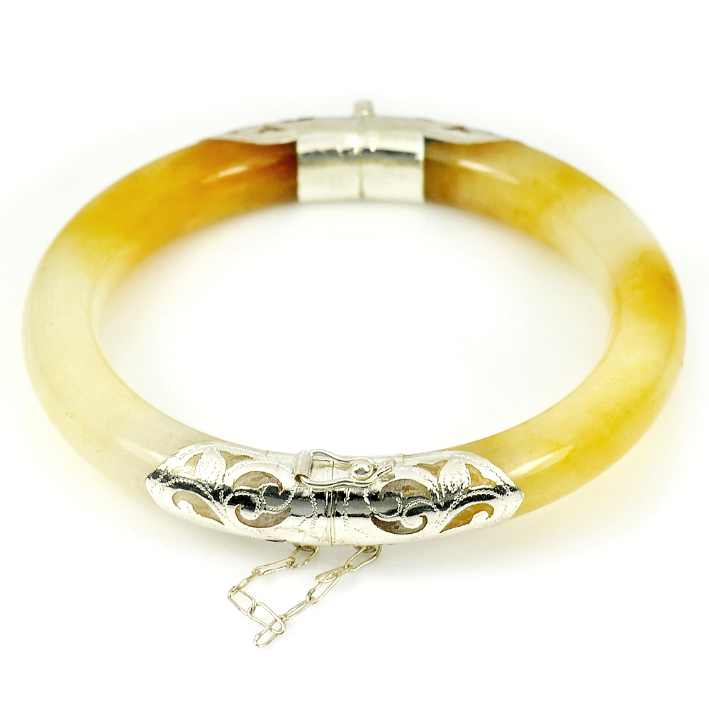 260.22 Ct. 84 x 64 x 11 mm.Natural Gemstone Yellow Color Jade Bangle with Silver
