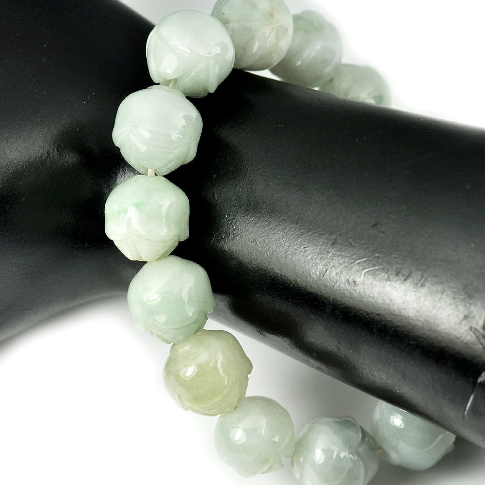 285.90 Ct. Natural Gem Green Jade Beads Flexibility Bracelet Carving 8 Inch.