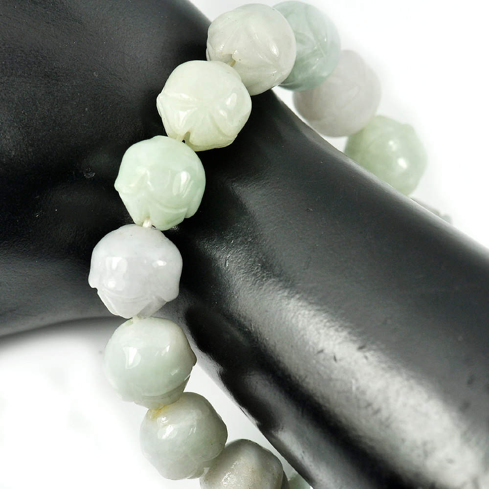 291.17 Ct. Natural Gem Green Jade Beads Flexibility Bracelet Carving 8 Inch.