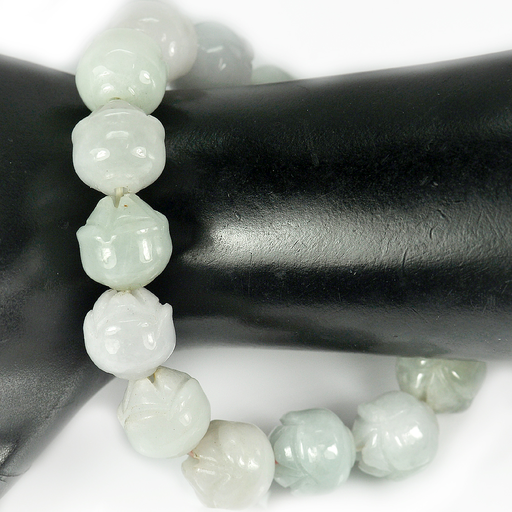304.24 Ct. Natural Gem Green Jade Beads Flexibility Bracelet Carving 8 Inch.
