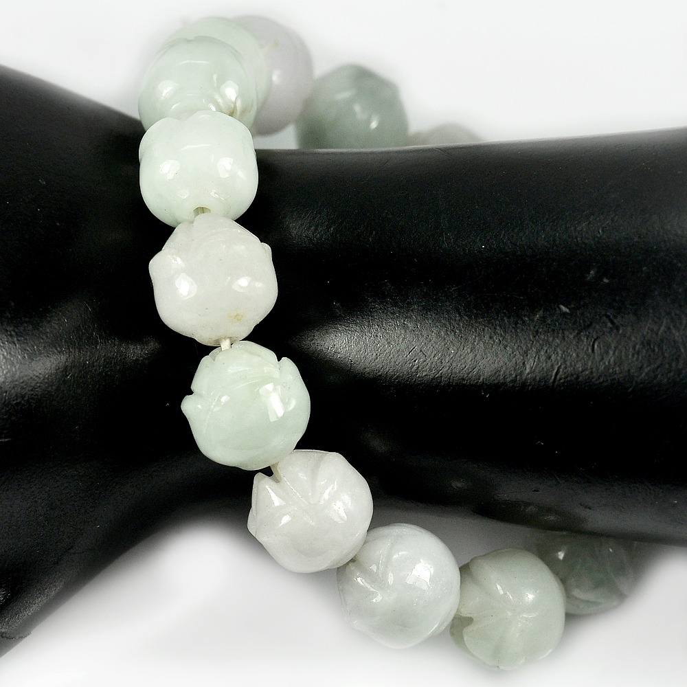 295.31 Ct. Natural Gem Green Jade Beads Flexibility Bracelet Carving 8 Inch.