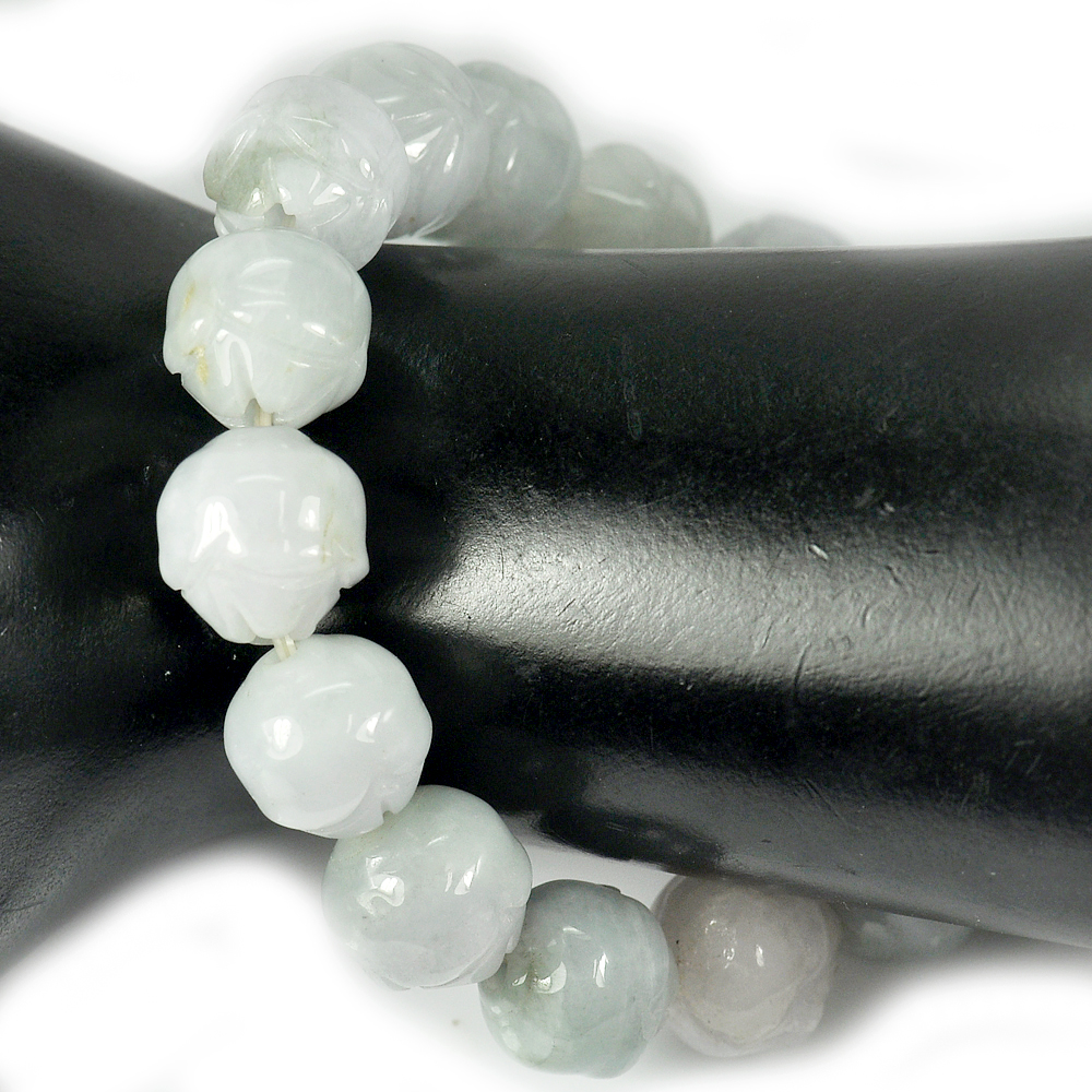 298.06 Ct. Natural Gem Green Jade Beads Flexibility Bracelet Carving 8 Inch.