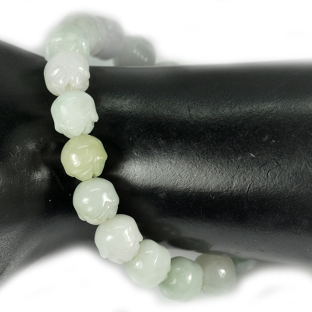 152.71 Ct. Natural Gem Green Jade Beads Flexibility Bracelet Carving 7 Inch.