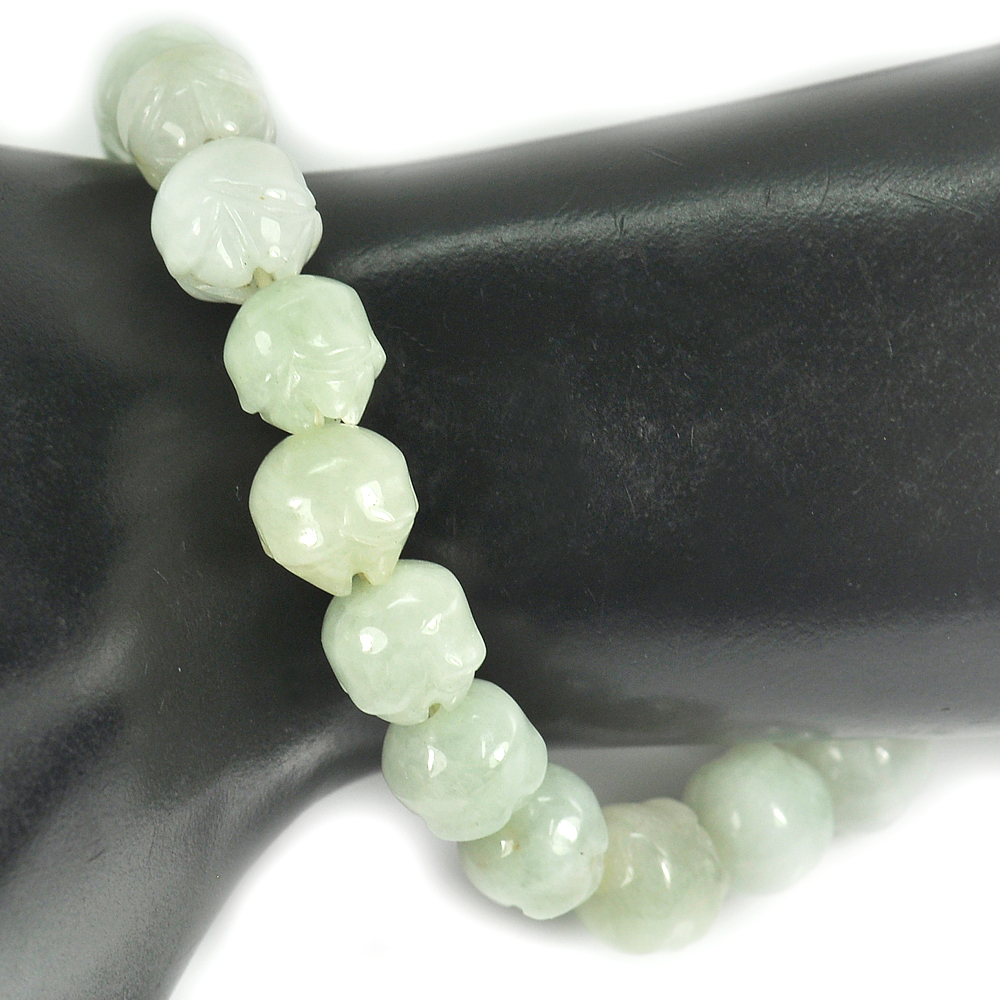 152.42 Ct. Natural Gem Green Jade Beads Flexibility Bracelet Carving 7 Inch.