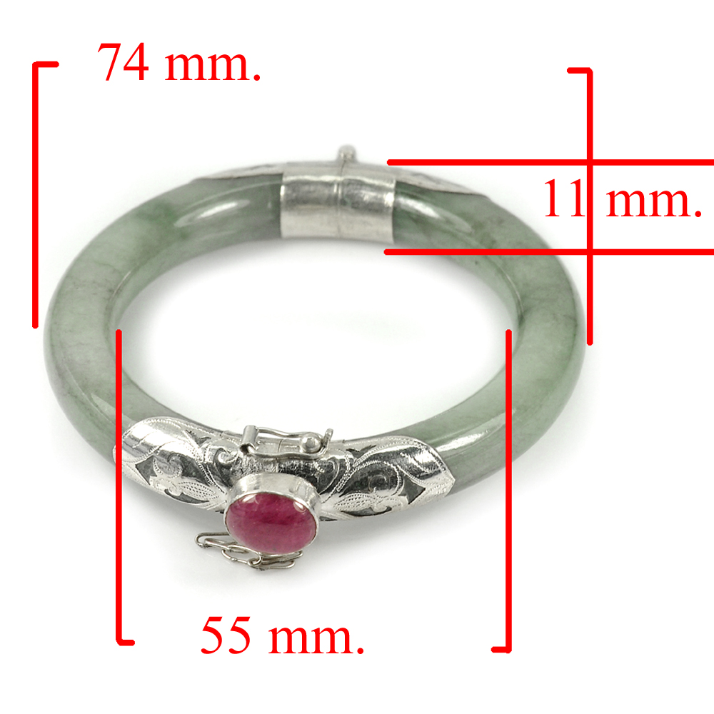 Green Jade Bangle with Silver Diameter 55 Mm. 297.44 Ct. Natural Gemstone Ruby