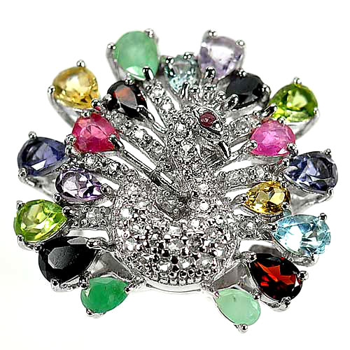 11.31 G. Pear Multi-Color Natural Gems Mixed Real 925 Sterling Silver Ring 8