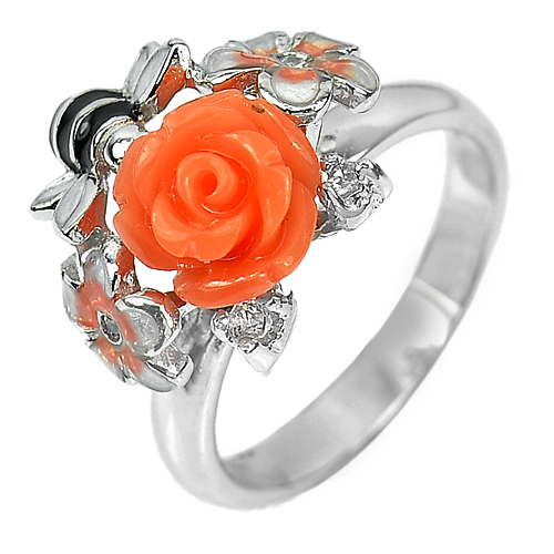 4.14 G. Rose Orange Resin Bee Enamel Real 925 Sterling Silver Ring Size 6