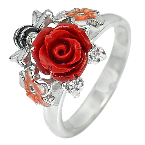 4.22 G. Nice Rose Red Resin with Bee Enamel Real 925 Sterling Silver Ring Size 7