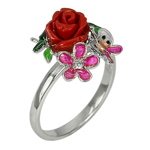 4.16 G. Flower Resin with Butterfly Enamel Real 925 Sterling Silver Ring Sz 6