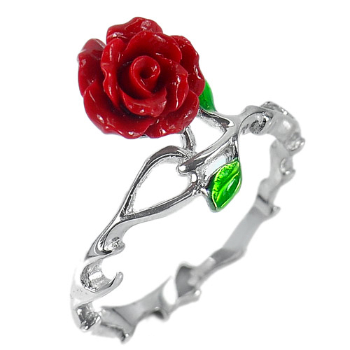 2.20 G. Lovely Rose Red Resin Desing Real 925 Sterling Silver Ring Size 7