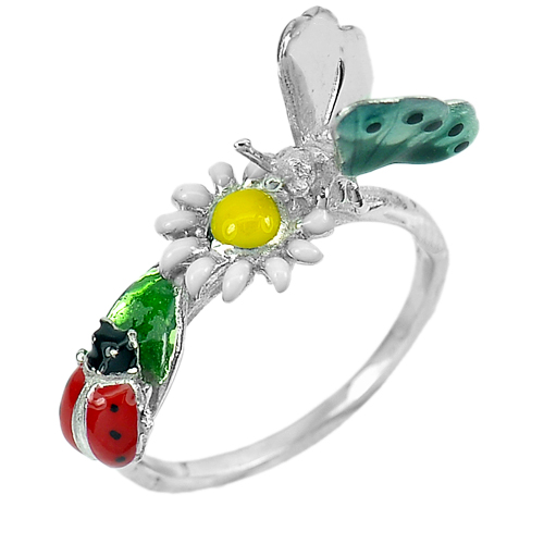 4.02 G. Good Butterfly with Ladybug Enamel Real 925 Sterling Silver Ring Size 8