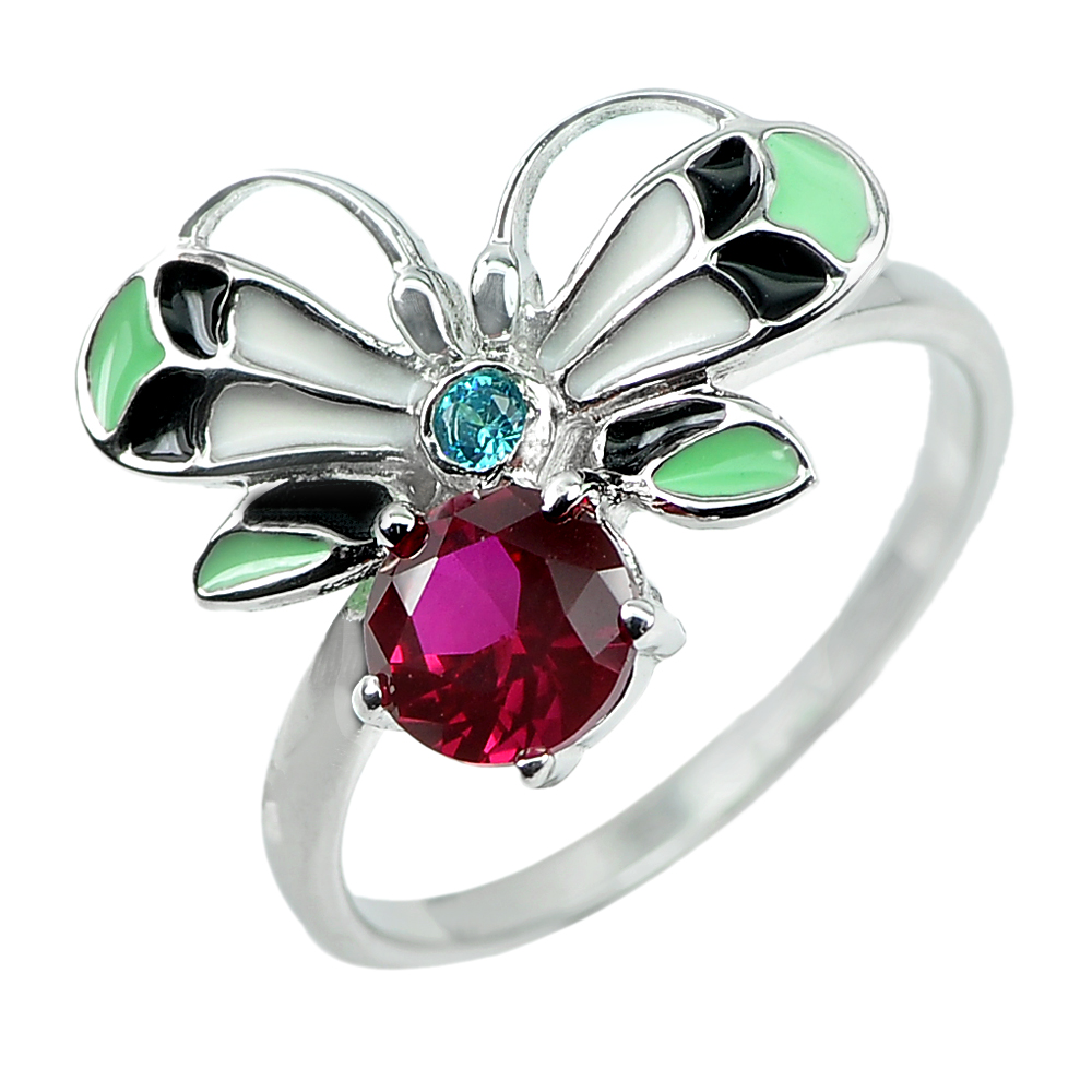3.35 G. Butterfly Enamel with Red Round CZ Real 925 Sterling Silver Ring Size 8
