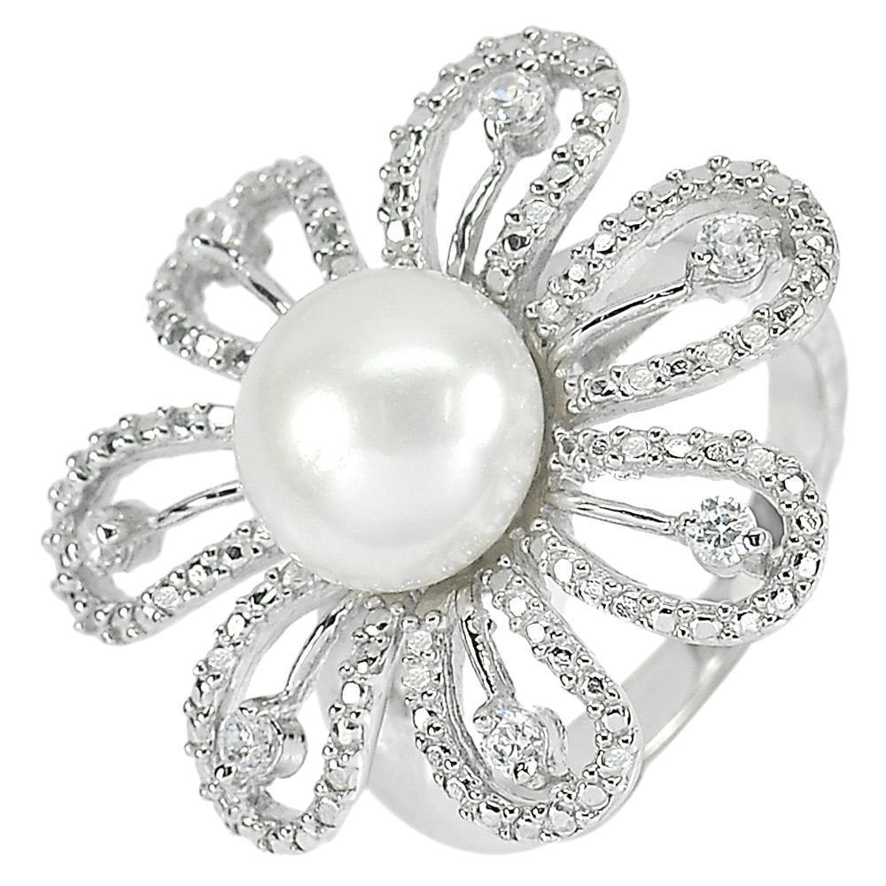 8.01 G. Natural White Pearl Real with CZ 925 Sterling Silver Flower Ring Size6.5