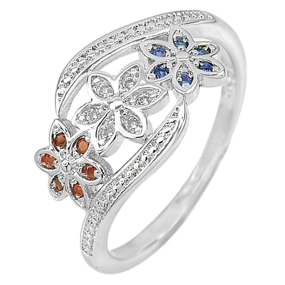 2 G. Good Design Flower Multi-Color CZ Real 925 Sterling Silver Ring Size 7