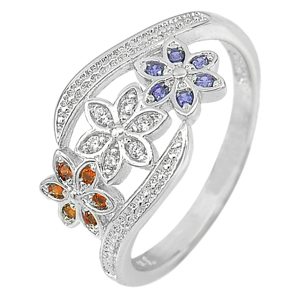 2.14 G. Design Flower Multi-Color CZ Real 925 Sterling Silver Ring Size 7