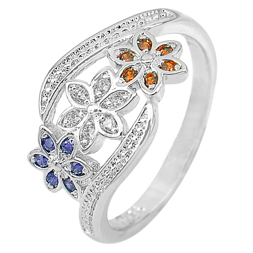 2.35 G. Nice Flower Multi-Color CZ Real 925 Sterling Silver Jewelry Ring Size 7