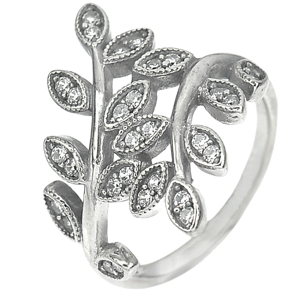2.88 G. Good White CZ Real 925 Sterling Oxidized Silver Olive Leaf Ring Size 6