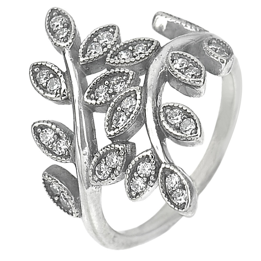 2.95 G. Round White CZ Real 925 Sterling Oxidized Silver Olive Leaf Ring Size 6