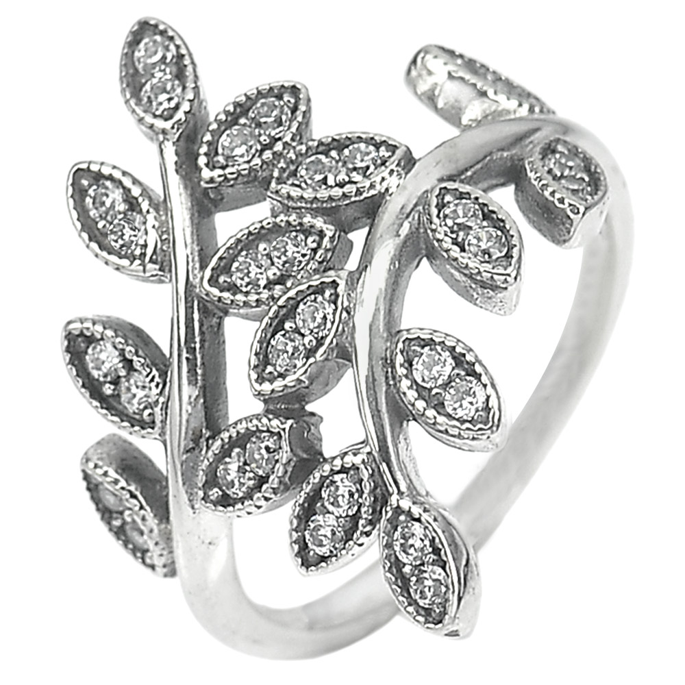2.98 G. Round White CZ Real 925 Sterling Oxidized Silver Olive Leaf Ring Size 6
