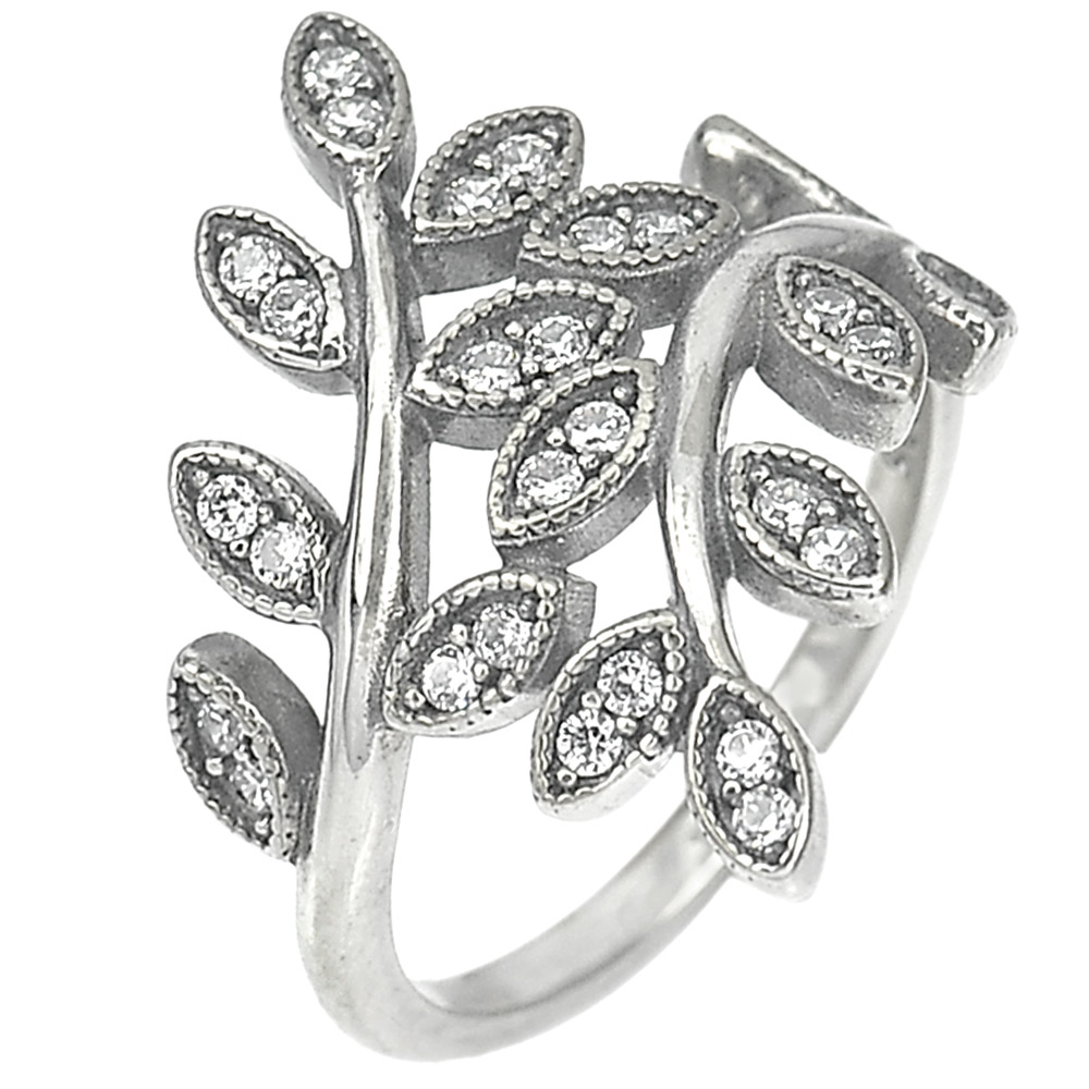 2.90 G. Lovely White CZ Real 925 Sterling Oxidized Silver Olive Leaf Ring Size 6