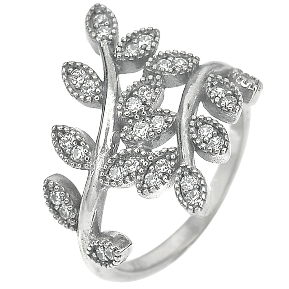 3.03 G. Good White CZ Real 925 Sterling Oxidized Silver Olive Leaf Ring Size 7