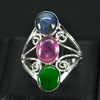 2.81 G. Captivating Natural Jade Ruby Sapphire Sterling Silver Ring Size 7.5