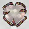 14.16 G. Heart Checkerboard Natural Rose Pink Quartz Silver Oxidized Ring Size 7