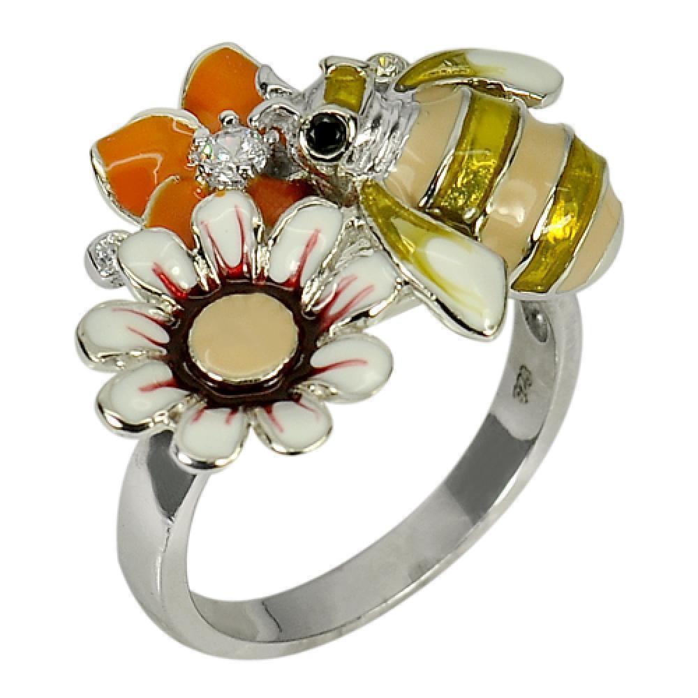 8.33 G. Bee with Flower Enamel Nice Design Real 925 Sterling Silver Ring Size 7