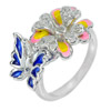 5.66 G. Nice Flower Enamel White Gold Plated Real 925 Sterling Silver Ring Sz 7
