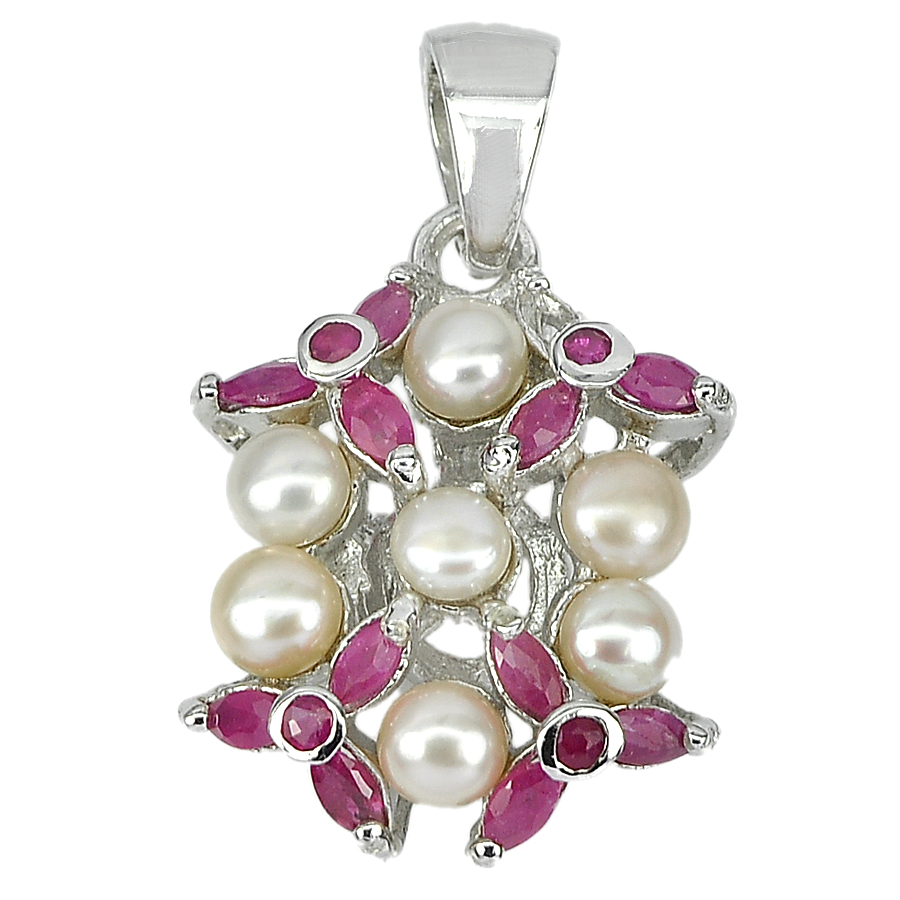 5.17 G. Natural Pearl And Ruby Real 925 Sterling Silver Jewelry Pendant