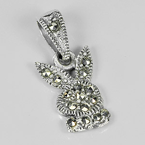1.14 G. Rabbit Design Round Black Marcasite 925 Silver Jewelry Pendent