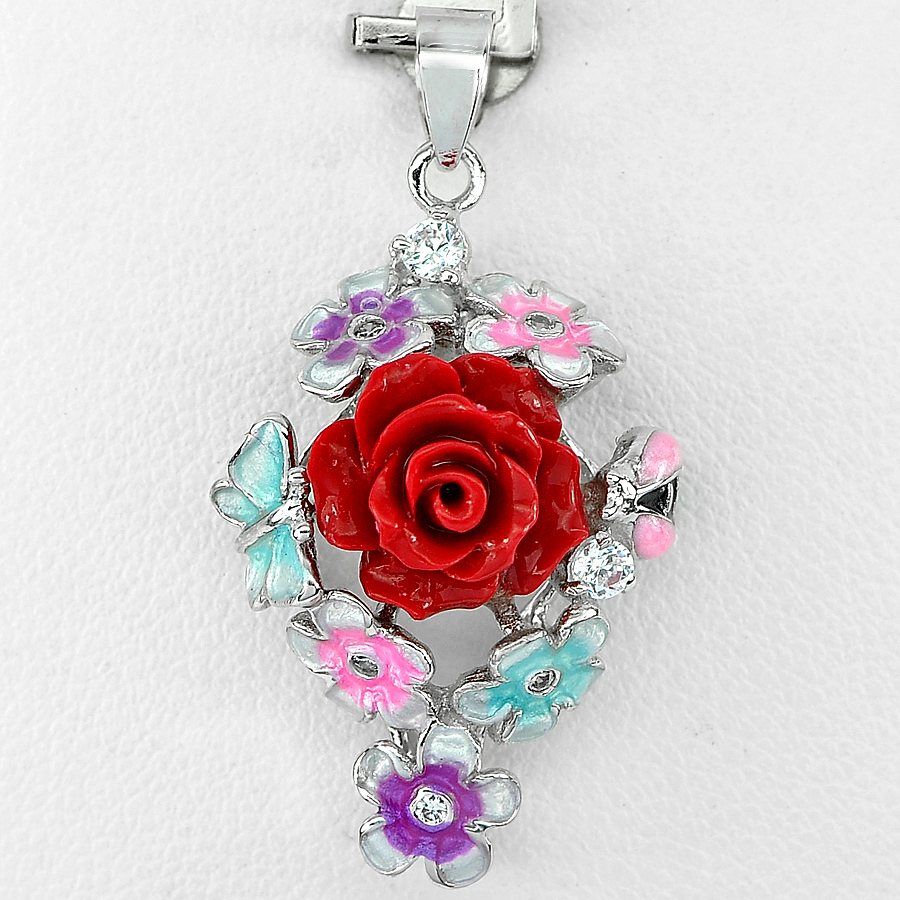 3.25 G. Red Flower Resin Real 925 Sterling Silver Pendant Jewelry Pretty