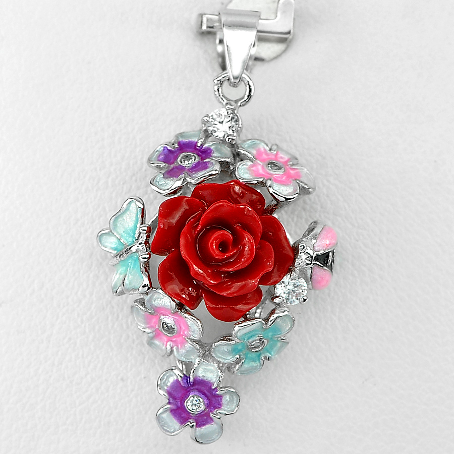 3.25 G. Alluring Red Flower Resin with Round CZ Real 925 Sterling Silver Pendant