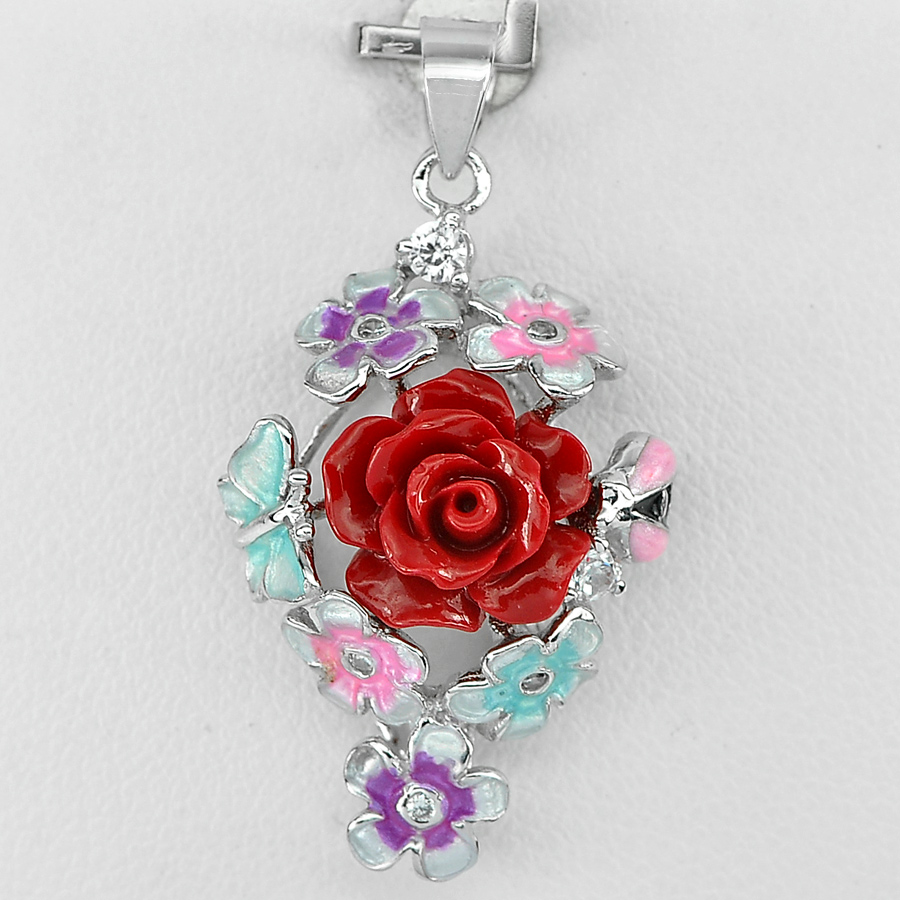 3.15 G. Lovely Red Flower Resin with Round CZ Real 925 Sterling Silver Pendant