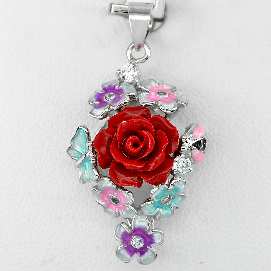 3.32G. Real 925 Sterling Silver Pendant Charming Red Flower Resin and Enamel