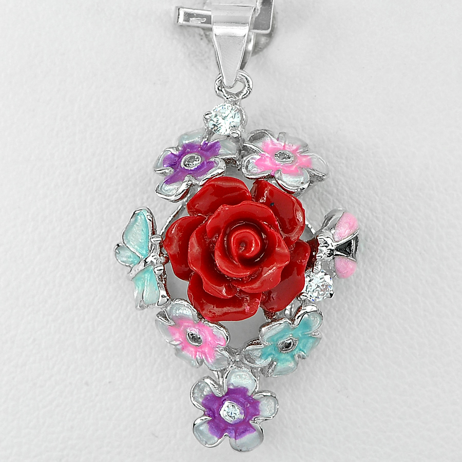 3.24 G. Real 925 Sterling Silver Pendant Beautiful Red Flower Resin and Enamel