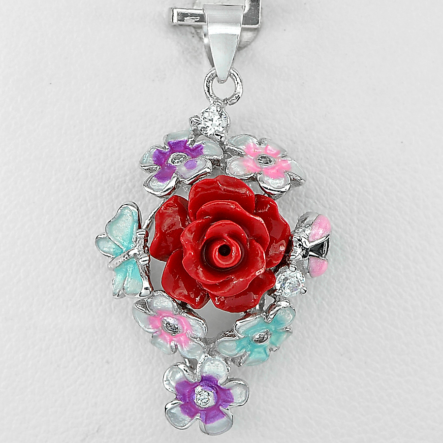 3.22 G. Real 925 Sterling Silver Pendant Charming Red Flower Resin and Enamel
