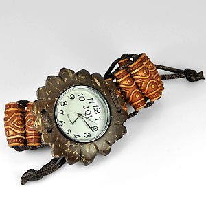 Length 5 Inch. Women Wrist Watch Brown Color Coconut Shell Stretch Bracelet