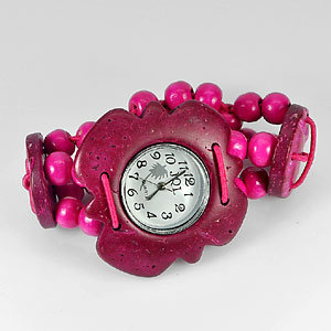 Beauty Wrist Watch Pink Color Coconut Shell Stretch Bracelet