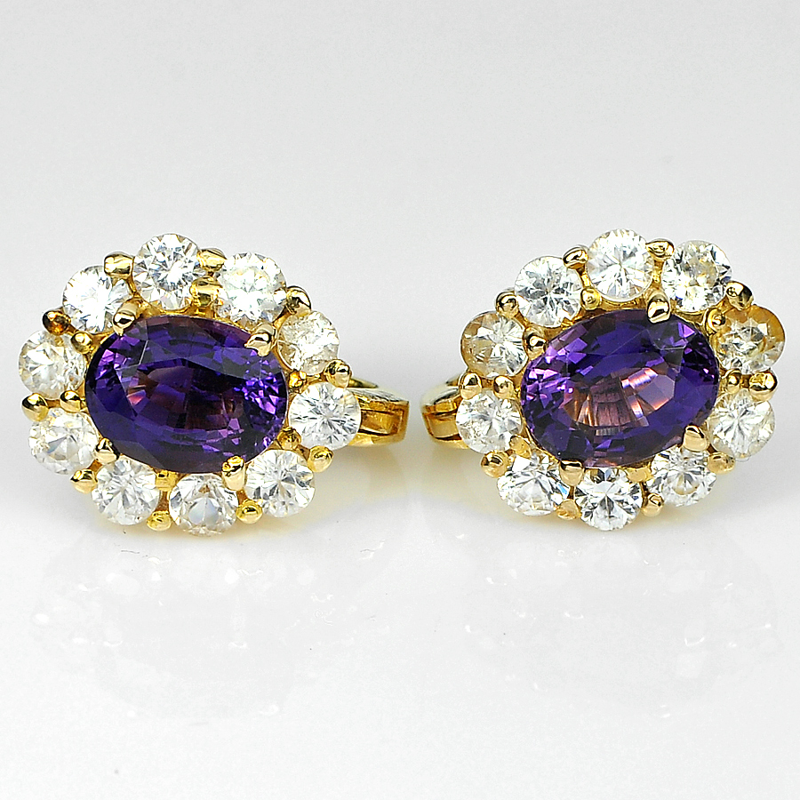 3.73 Ct. Gems Natural Purple Amethyst and White Zircon 14K  Solid Gold Earrings