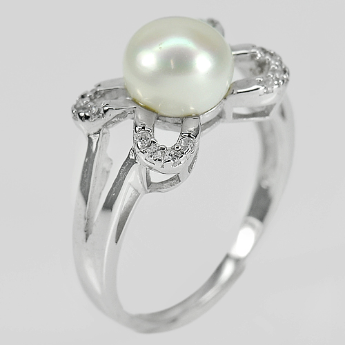 4.20 G. Natural Round Cabochon White Pearl Real 925 Sterling Silver Ring Size 9