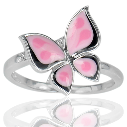 3.27 G. Beautiful Butterfly Pink Enamel Real 925 Sterling Silver Ring Size 7