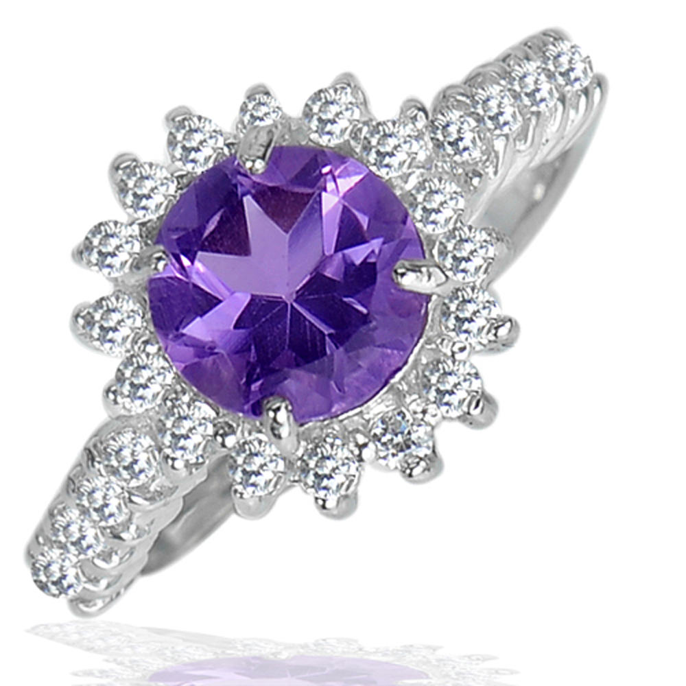4.17 G. Natural Gem Round Purple Amethyst Real 925 Sterling Silver Ring Size 9