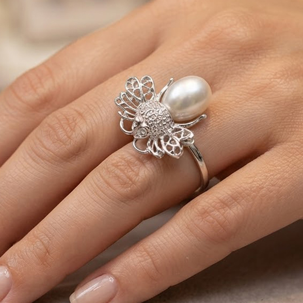 3.60 G.Real 925 Sterling Silver Jewelry Ring Size 9.5 Good Natural Pearl with CZ