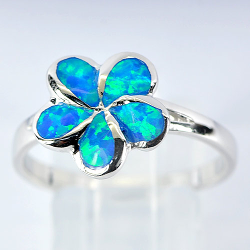 3.15 G. Blue Created Opal Real 925 Sterling Silver Flower Pattern Ring Size 7