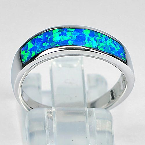 3.56 G. Good Blue Fire Created Opal Inlay Real 925 Sterling Silver Ring Size 9