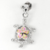 925 Sterling Silver Pendant Turtle with Created Multi Color Pink Opal 3.33 G.