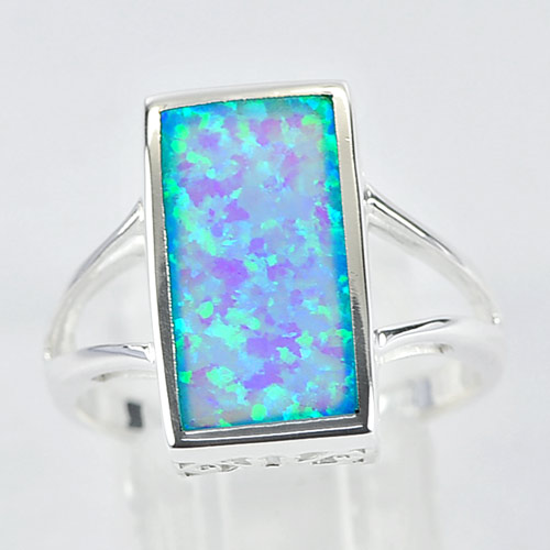 3.12 G. Real 925 Sterling Silver Ring Size 9 Multi Color Blue Created Opal