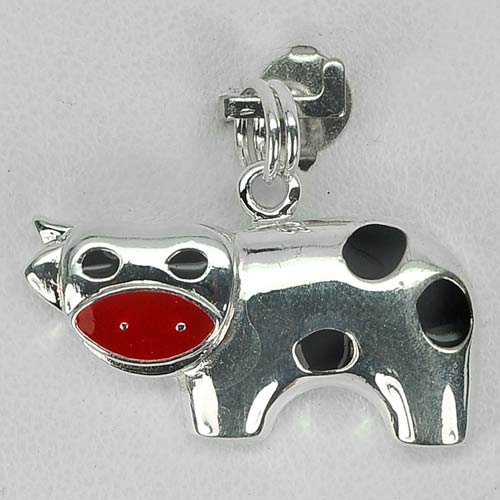 3.23 G. Nice Cow Red Black Enamel Real 925 Sterling Silver Jewelry Pendant