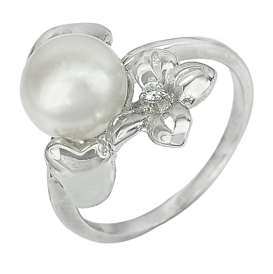 3.50 G. Round Cabochon Natural White Pearl Real 925 Sterling Silver Ring Size 8